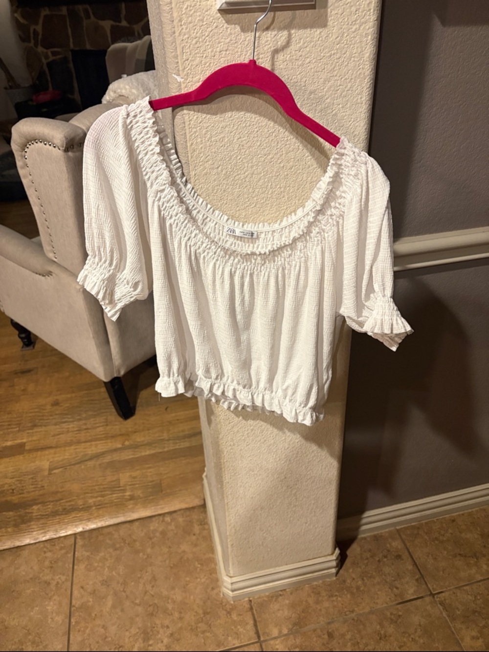 Zara White Smocked Square-Neck Puff Sleeve Top